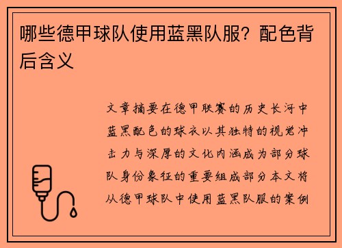 哪些德甲球队使用蓝黑队服？配色背后含义