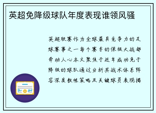 英超免降级球队年度表现谁领风骚